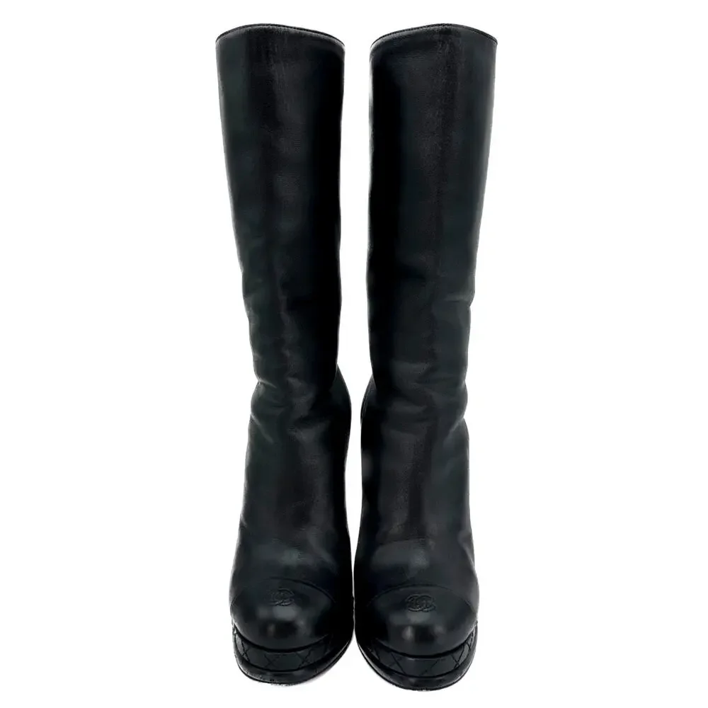 CHANEL Black Leather CC Cap Toe Quilter Platform Heel Boots IT 36
